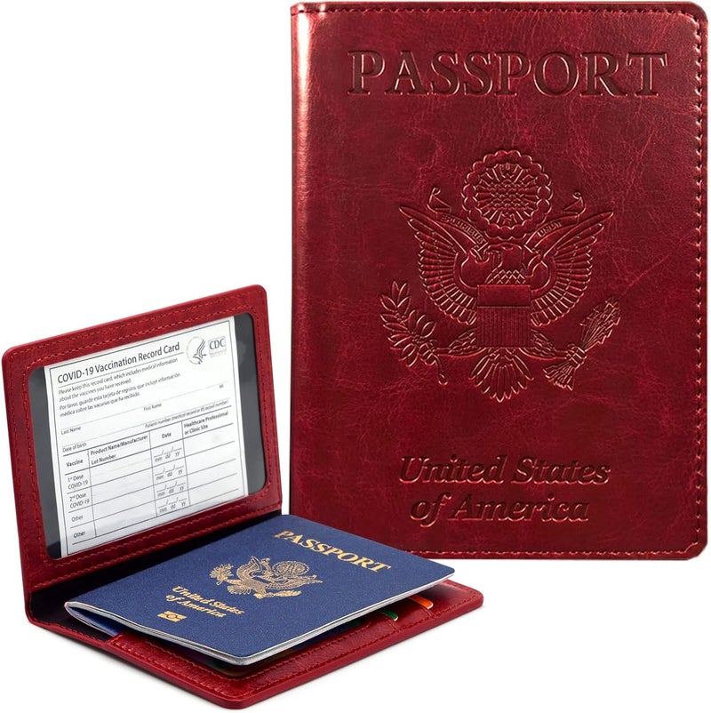 KAOBAN Passport Holder Cover Wallet Case RFID Blocking Leather Card Slot Travel Accessories Documents Organizer Protector for Women Men, Wine Red - Image 1